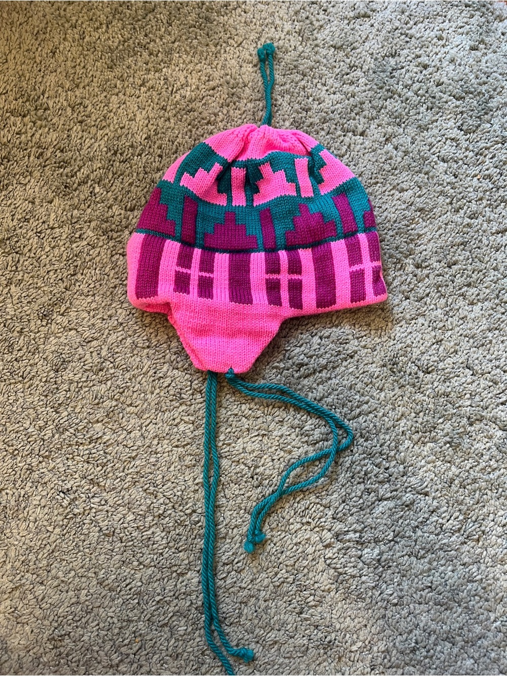 Vintage Kids SERAC Pink & Turquoise Knit Earflap Hat 100% wool HANDMADE